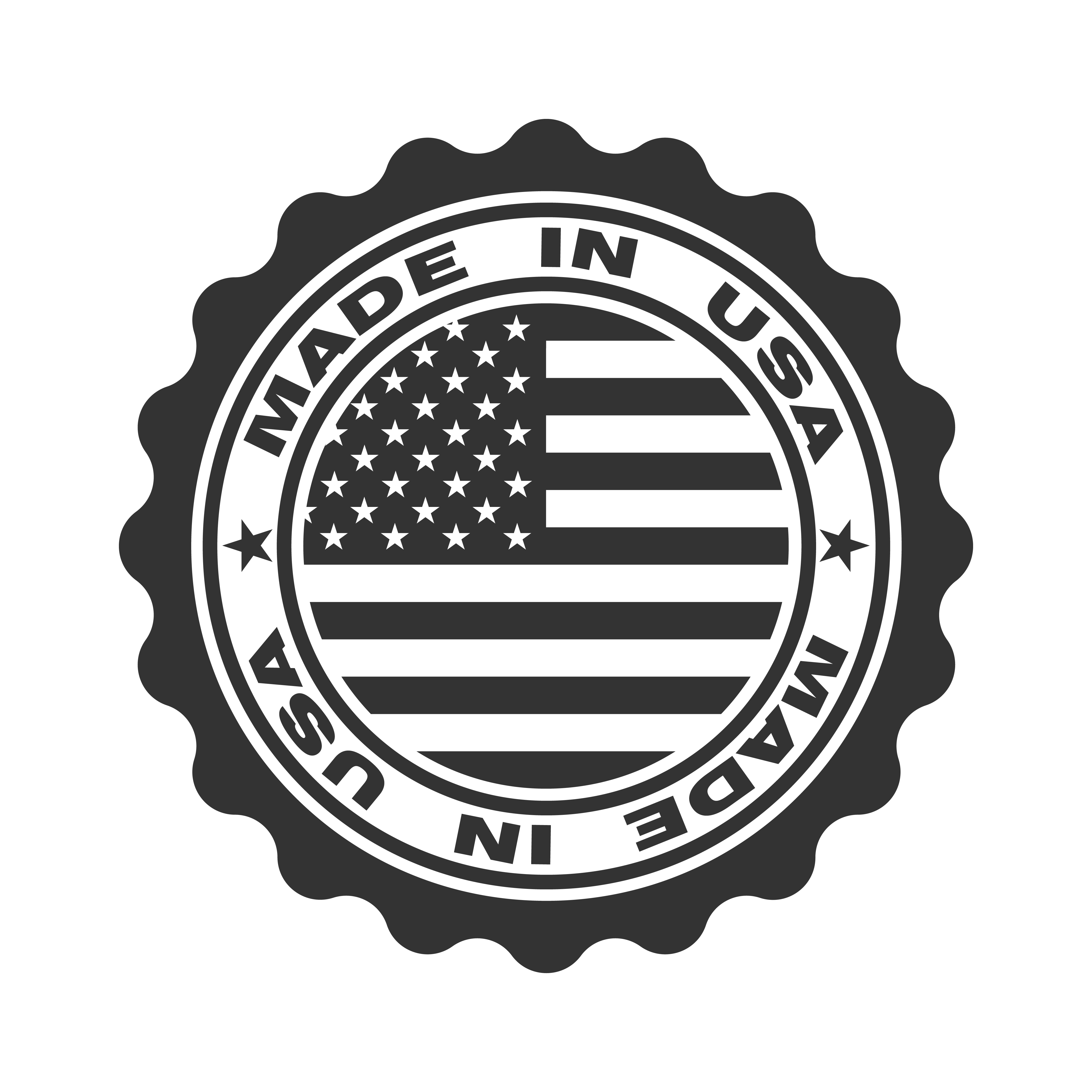 Stamp with text made in USA. Logo american quality. Seal  flag USA in circle. Icon premium quality. Label made in USA. Vector illustration